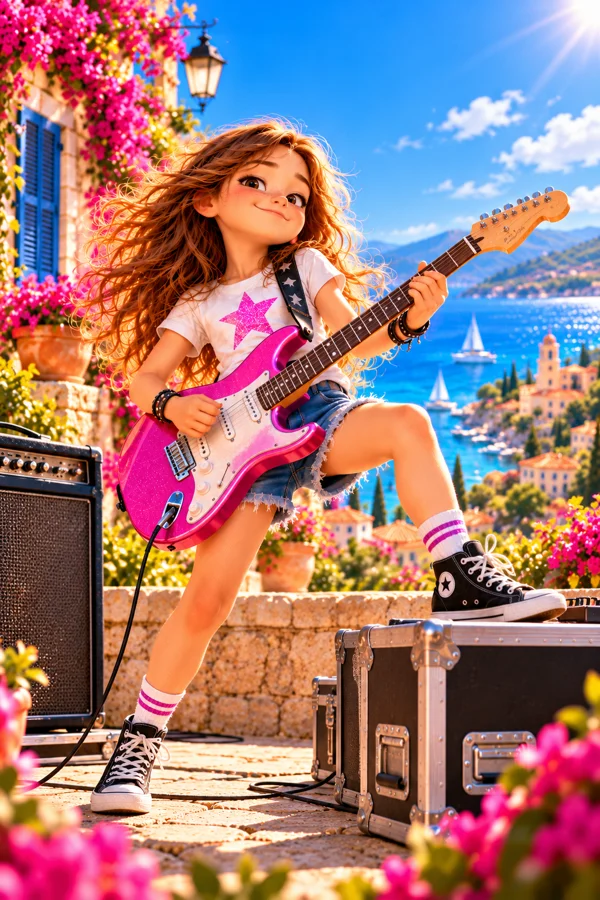 Une jeune guitariste JigglyBiglee sur une terrasse méditerranéenne